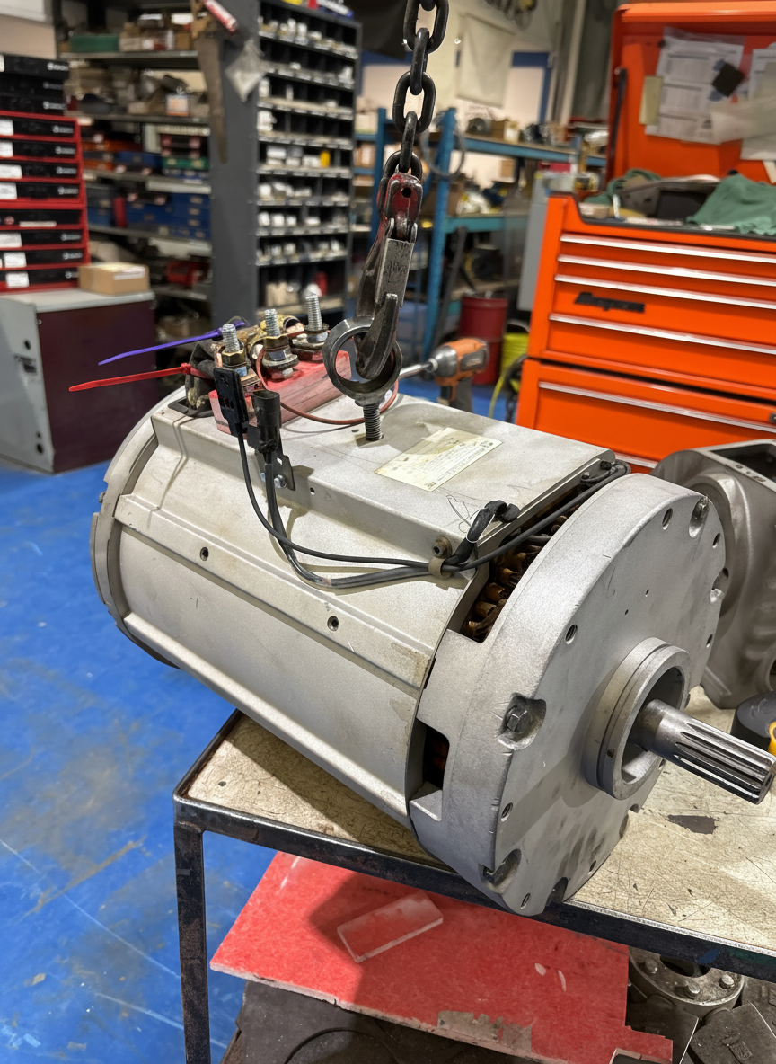 DC motor on chain hoist after professional mechanical repair at Complete Electric Calgary