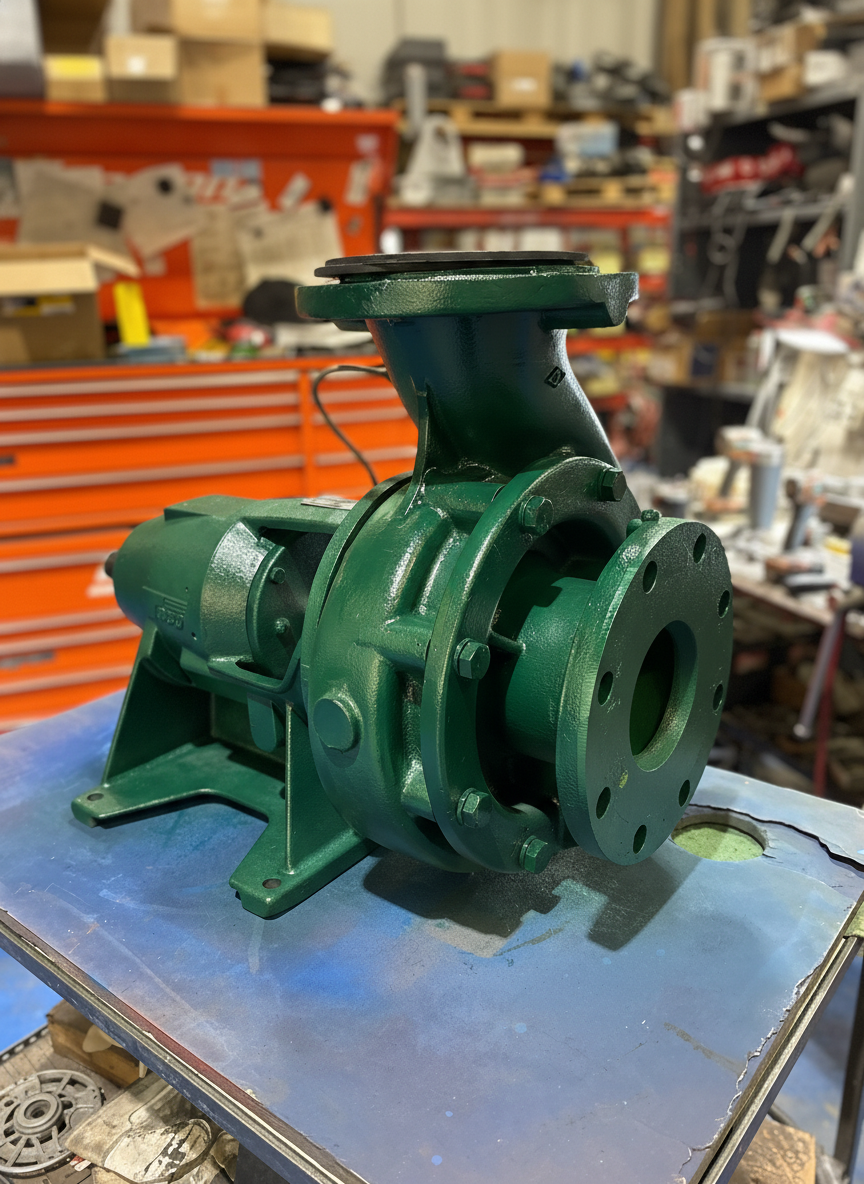 Freshly painted green pump motor industrial motor completed at Complete Electric Calgary motor repair shop