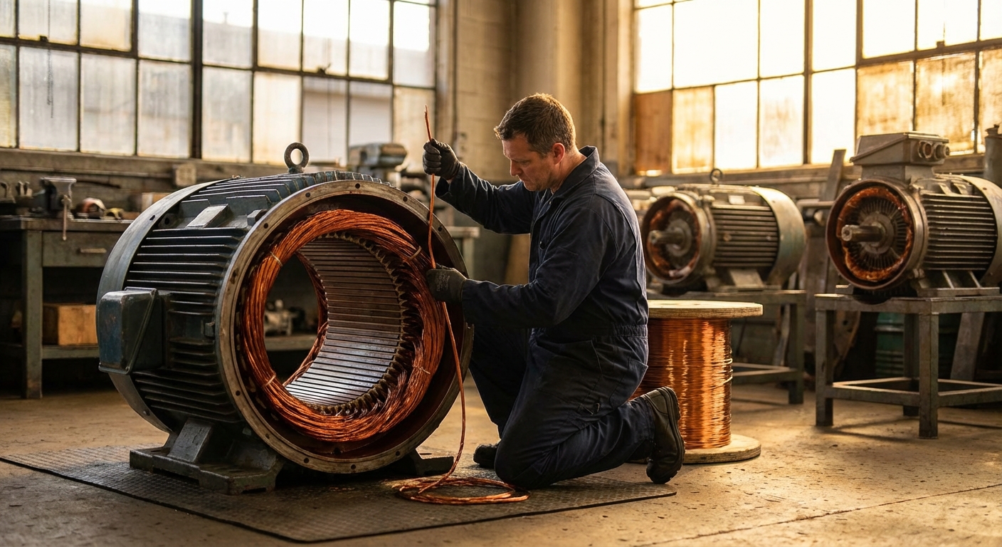 Technician rewinding a motor stator at Complete Electric Calgary