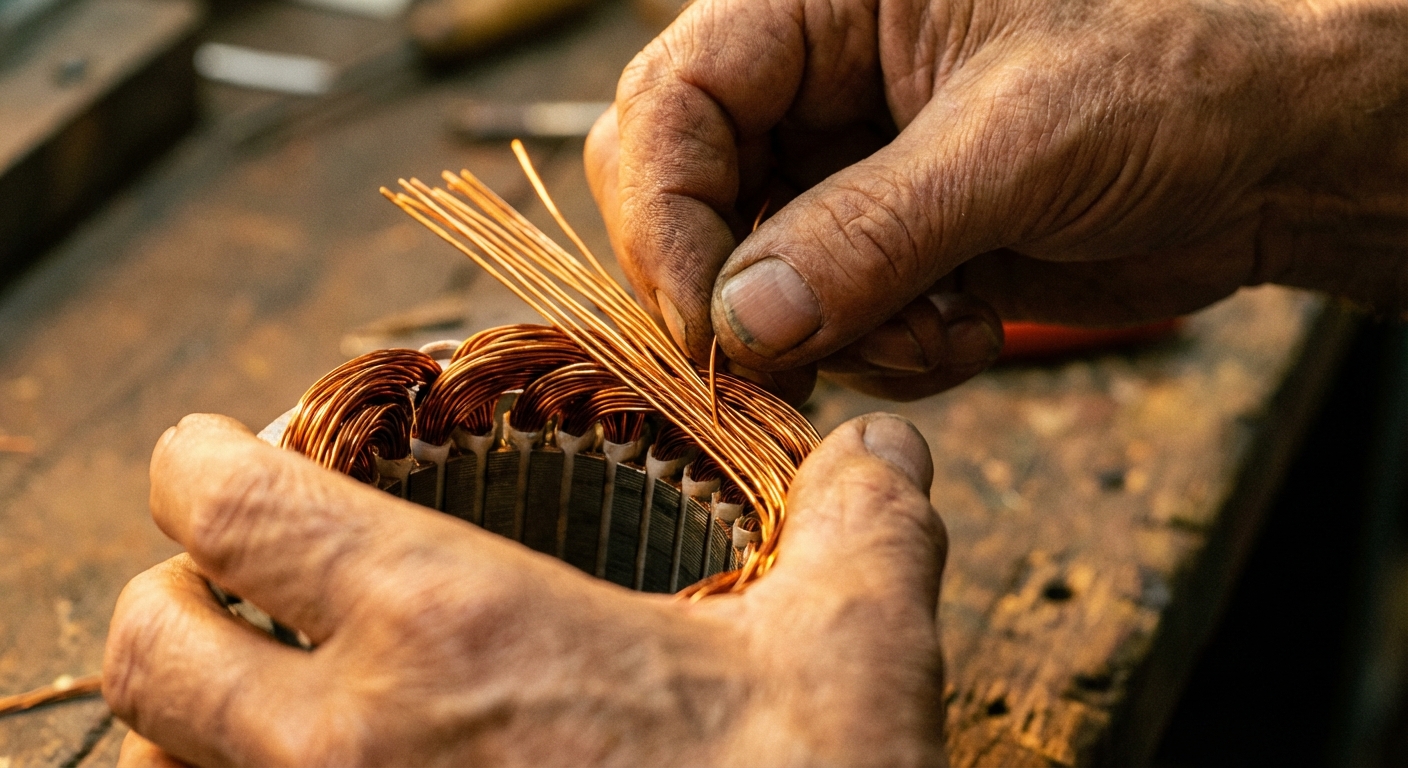Close-up of copper motor windings being wound at Complete Electric Calgary